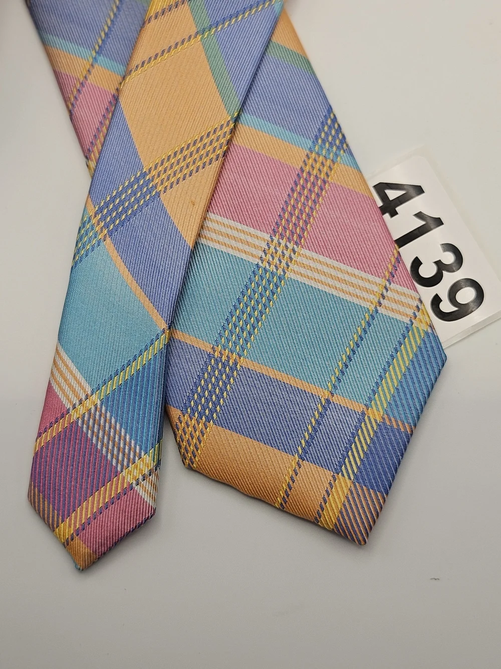 Izod Plaid Multicolor Men's Necktie - Blue, Pink & Orange #4139